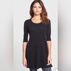 Eileen Fisher Black Silk Tunic Top Petite Large Stretch Jersey 3/4 Sleeve